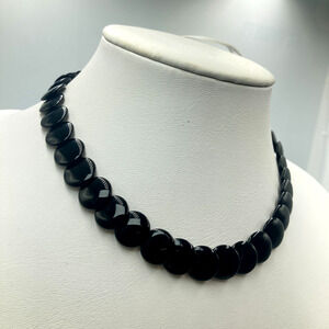 Antique Victorian Era Black Onyx Bead Necklace 14KA Gold Clasp Mourning Jewelry